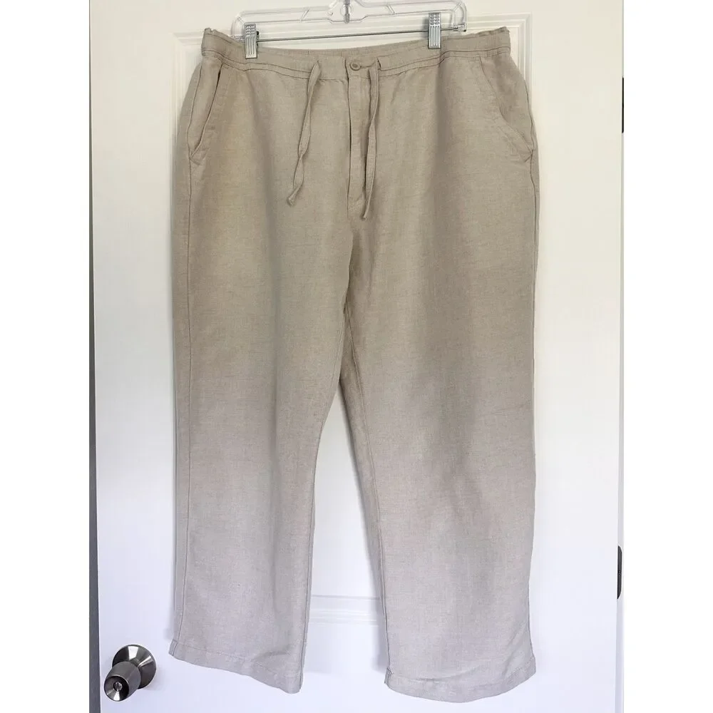 Cubavera Linen Blend Pants Mens XL Beige Drawstring Classic Fit Resort Beach
